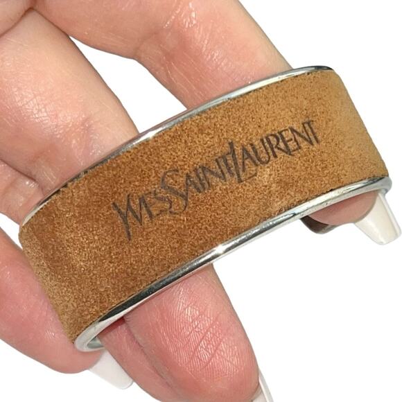 AUTH VTG Yves Saint Laurent YSL Sterling Silver Suede Leather Logo Cuff Bracelet - Picture 16 of 16